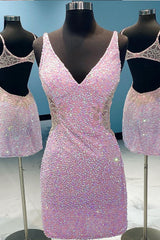 Lilac Homecoming Dresses Sequin Prom Dress with Open Back