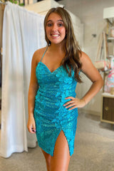 Lilac Homecoming Dresses Sequined Tight Short Cocktail Dresses with 3D Flowers