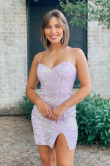 Lilac Homecoming Dresses Sequined Tight Short Cocktail Dresses with 3D Flowers