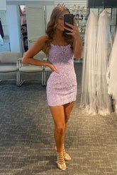 Lilac Homecoming Dresses Tight Short Cocktail Dresses with Appliques