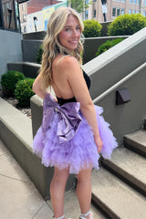 Lilac Homecoming Dresses V-Neck A-Line Halter Tiered Short Cocktail Dresses With Bow