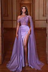 Lilac One Shoulder Mermaid Evening Prom Dresses Split Long With Sequins Beads Ruffles