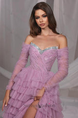 Lilac Prom Dress A Line Off The Shoulder Sequined Tulle Formal Dress With Slit