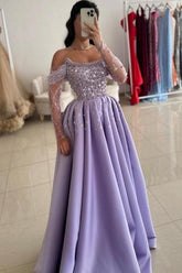 Lilac Prom Dress A Line One Shoulder Beaded Satin Formal Dress With Pearls And Rhinestones