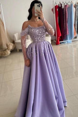Lilac Prom Dress A Line One Shoulder Beaded Satin Formal Dress With Pearls And Rhinestones
