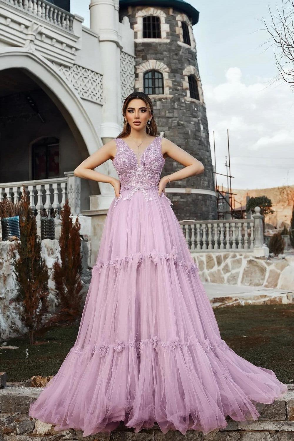 Lilac Prom Dress A Line Spaghetti V Neck Sleeveless Beaded Tulle Forma –  suzhoufashion