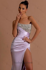 Lilac Prom Dress Column Strapless Sequined Beading Formal Dress With Slit