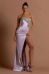 Lilac Prom Dress Column Strapless Sequined Beading Formal Dress With Slit