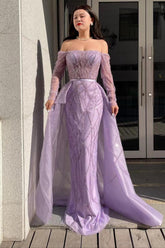 Lilac Prom Dress Off the Shoulder Long Sleeves Tulle Evening Formal Dress Mermaid With Beadings