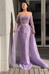 Lilac Prom Dress Off the Shoulder Long Sleeves Tulle Evening Formal Dress Mermaid With Beadings