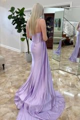 Lilac Prom Dress Satin Corset Side Cape Long Formal Dress With Slit