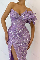 Lilac Prom Dress Sequined Off the Shoulder Mermaid Evening Formal Dress With Split