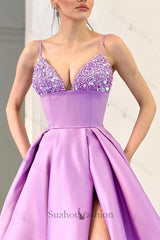 Lilac Spaghetti-Straps Sleeveless Evening Prom Dresses Split Long With Sequins