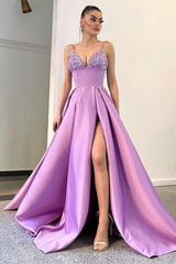 Lilac Spaghetti-Straps Sleeveless Evening Prom Dresses Split Long With Sequins