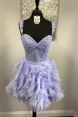 Lilac Tulle Ruffled Homecoming Dresses Appliqued Short Corset Cocktail Dresses