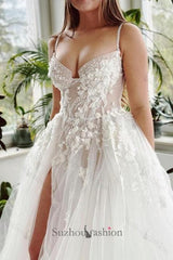 Long A Line Beach Wedding Dress Spaghetti Straps Tulle Lace Bridal Gown With Slit