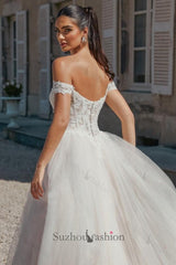 Long A Line Wedding Dress Off The Shoulder Appliques Tulle Bridal Gown