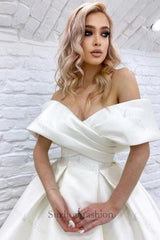 Long A Line Wedding Dress Off The Shoulder Ivory Sleeveless Bridal Gown