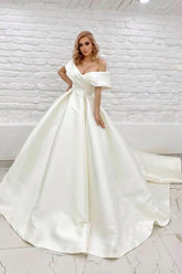Long A Line Wedding Dress Off The Shoulder Ivory Sleeveless Bridal Gown