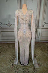 Long Beaded Mermaid Prom Dress Wateau Sleeves Formal Evening Dress