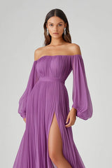 Long Chiffon Purple Wedding Guest Dress A Line Long Sleeves Formal Dress With Slit