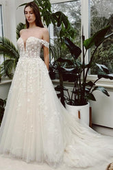 Long Ivory A Line Beach Wedding Dress Off The Shoulder V Neck Sleeveless Bridal Gown With Lace