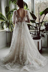 Long Ivory A Line Beach Wedding Dress Sleeves Lace Bridal Gown With Slit