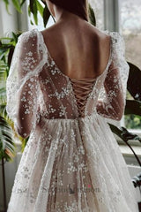 Long Ivory A Line Beach Wedding Dress Sleeves Lace Bridal Gown With Slit