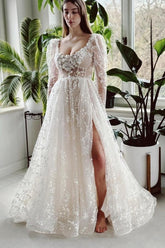 Long Ivory A Line Beach Wedding Dress Sleeves Lace Bridal Gown With Slit