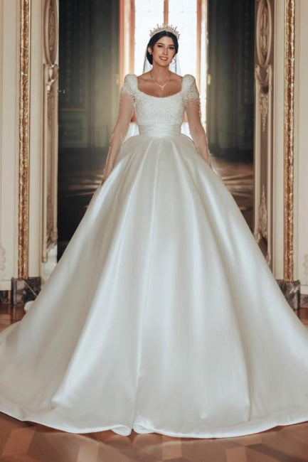 Long Ivory A Line Square Neck Satin Glitter Bridal Gown With Long Sleeves