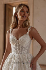 Long Ivory A Line Wedding Dress Princess Spaghetti Straps Lace Tulle Bridal Gown