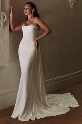 Long Ivory Beach Wedding Dress Mermaid Strapless Satin Bridal Gown With Lace