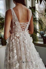 Long Ivory Beach Wedding Dress V Neck A Line Lace Bridal Gown With Glitter