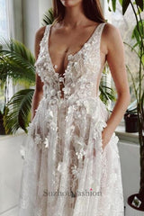 Long Ivory Beach Wedding Dress V Neck A Line Lace Bridal Gown With Glitter