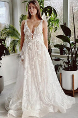 Long Ivory Beach Wedding Dress V Neck A Line Lace Bridal Gown With Glitter