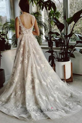 Long Ivory V Neck Beach Wedding Dress A Line Split Front Sleeveless Bridal Gown With Lace