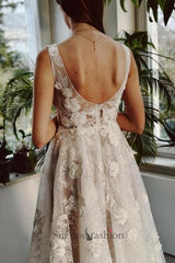 Long Ivory V Neck Beach Wedding Dress A Line Split Front Sleeveless Bridal Gown With Lace