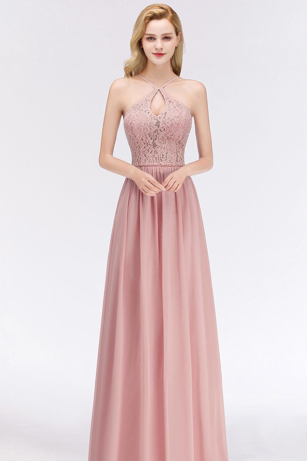Long Lace Halter Floor-Length Bridesmaid Dresses | Sexy Chiffon Open Back Bridesmaid Dress with Keyhole