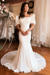 Long Mermaid Beach Wedding Dress Square Neck Satin Backless Bridal Gown With Short Sleeves