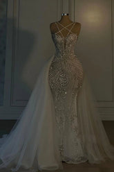 Long Mermaid V Neck Spaghetti Strap Heavy Bridal Gown With Beadings