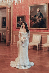 Long Mermaid Wedding Dress Off The Shoulder Lace Bridal Gown With Long Sleeves