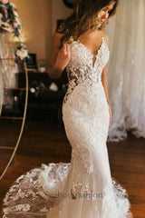 Long Mermaid Wedding Dress Spaghetti Straps V Neck Backless Bridal Gown