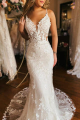 Long Mermaid Wedding Dress Spaghetti Straps V Neck Backless Bridal Gown
