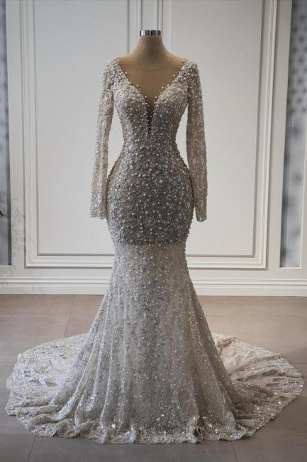 Long Mermaid Wedding Dress V Neck Lace Long Sleeves Bridal Gown With Pearls