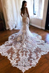 Long Mermaid Wedding Dress V Neck Sleeveless Lace Backless Bridal Gown With Train