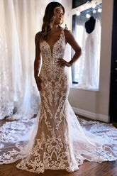 Long Mermaid Wedding Dress V Neck Sleeveless Lace Backless Bridal Gown With Train