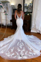 Long Mermaid Wedding Dress V Neck Sleeveless Lace Bridal Gown With Train