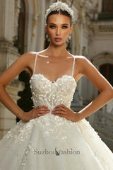 Long Princess Wedding Dress A Line Ivory Spaghetti Straps Tulle Lace Bridal Gown With Glitter