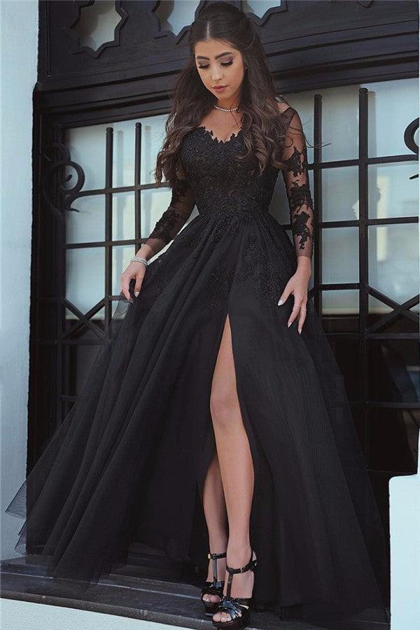 Long Sleeve Lace Appliques Evening Dress Front Slit Formal Dress FB0030