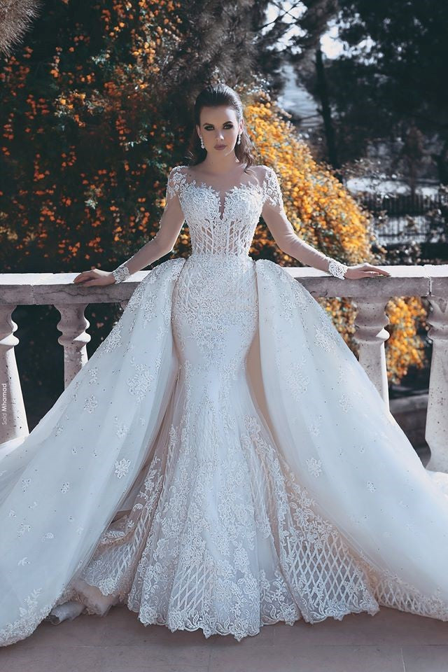 Long Sleeve Lace Appliques Mermaid Wedding Dress Overskirt Long Train Bride Dress WE0199